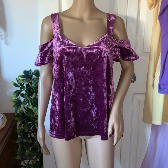 Venus purple velvet velour bare cold shoulder tunic Babydoll shirt top M - Picture 7 of 12